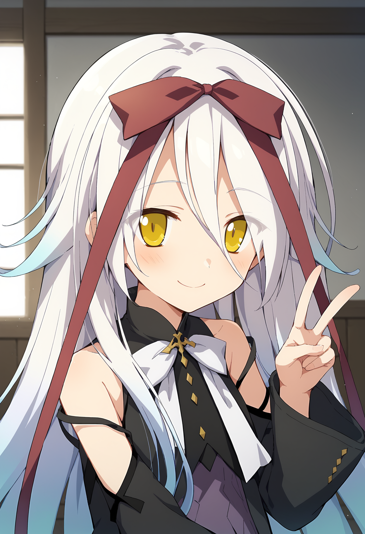 score_9, score_8_up, score_7_up BREAK
source_anime, rating_safe, indoors, upper body, v sign, v, blush, smile, closed mouth, solo, 1girl, hmmare, white hair, long hair, very long hair, gradient hair, multicolored hair, hair between eyes, yellow eyes, hair ribbon, dress, red ribbon, detached sleeves, bare shoulders, white bowtie <lora:hmmare_v2-000018:0.9>