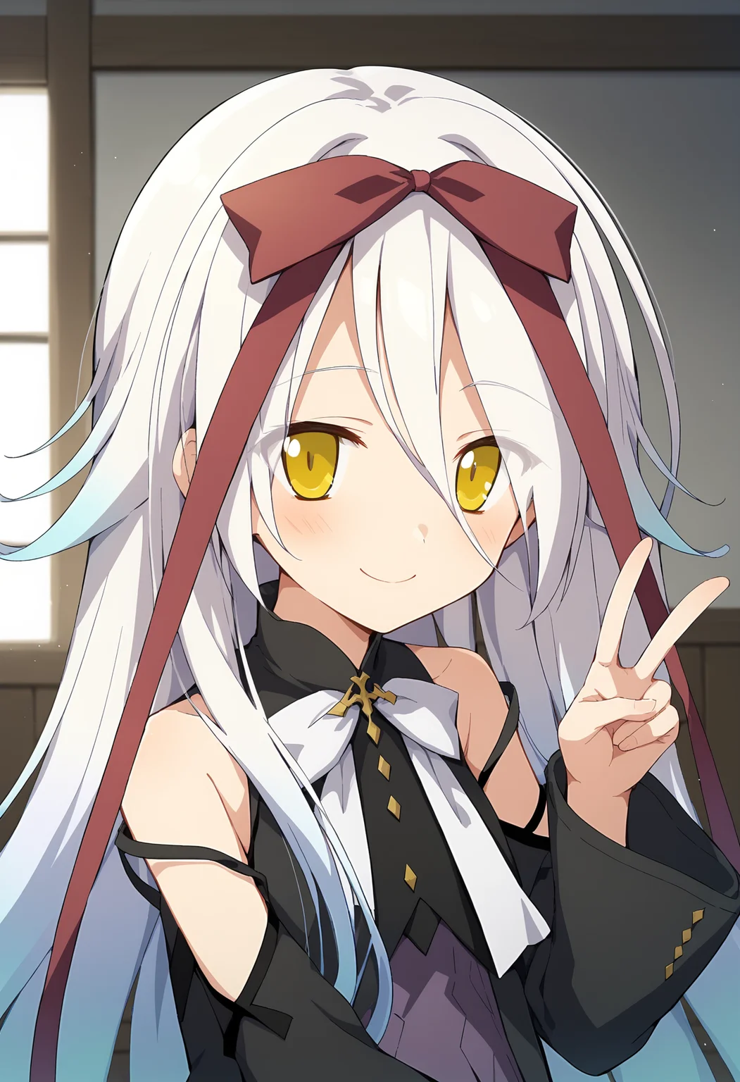 score_9, score_8_up, score_7_up BREAK
source_anime, rating_safe, indoors, upper body, v sign, v, blush, smile, closed mouth, solo, 1girl, hmmare, white hair, long hair, very long hair, gradient hair, multicolored hair, hair between eyes, yellow eyes, hair ribbon, dress, red ribbon, detached sleeves, bare shoulders, white bowtie <lora:hmmare_v2-000018:0.9>