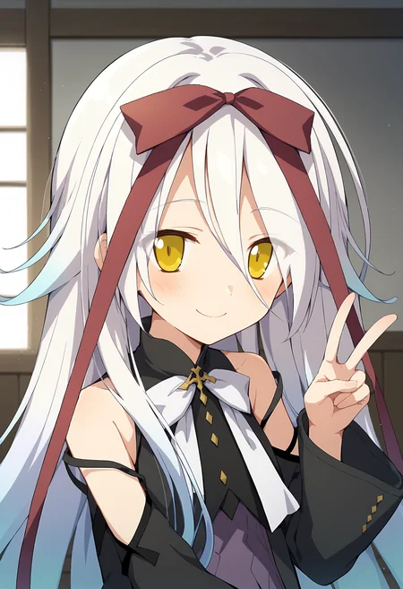 score_9, score_8_up, score_7_up BREAK
source_anime, rating_safe, indoors, upper body, v sign, v, blush, smile, closed mouth, solo, 1girl, hmmare, white hair, long hair, very long hair, gradient hair, multicolored hair, hair between eyes, yellow eyes, hair ribbon, dress, red ribbon, detached sleeves, bare shoulders, white bowtie <lora:hmmare_v2-000018:0.9>