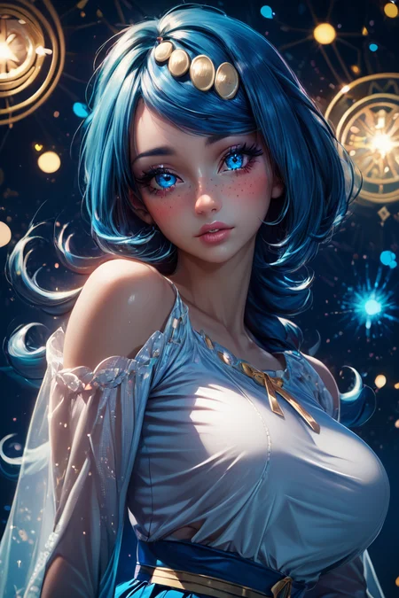 score_9, score_8_up, score_8, medium breasts, (curvy), cute, eyelashes, BREAK, , zzLanasMother, blue hair, blue eyes, long hair, freckles, large breasts, hair ornament, white shirt, blue skirt, <lora:LanasMother_Pokemon_PDXL_Citron:0.8>, , BREAK, (ultra realistic,32k, masterpiece:1.2),(high detailed skin:1.1),( high quality:1.1), curvy, head tilt, hearts, blush, lips, closed mouth, curvy, head tilt, shiny clothes, (upper body), looking at viewer, bokeh, luminescent background, embedding:zPDXL, Expressiveh, <lora:RlAnmPDXL:1.0>,