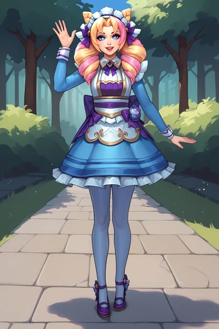 score_9, score_8_up, score_7_up, score_6_up, BREAK, GwenCafeCXL, blue eyes, one eye star-shaped pupil, blonde hair, pink hair, multicolored hair, twin drills, double buns, parted bangs, maid headdress, purple bow, medium breasts, maid, purple bowtie, blue dress, long sleeves, blue skirt, white pantyhose, purple footwear, high heels, solo, full body, standing, waving, seductive smile, looking at viewer, forest, tree <lora:GwenCafeCXL:0.9>