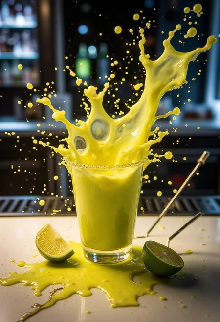 yfg-c0ff, A burst of vibrant lime juice, propelled from a squeezed citrus wedge, creates a tart splash against a polished bar top. The juice, captured in a moment of refreshing explosion, forms a cloud of tiny droplets, reflecting the bright ambient lights. A few stray lime segments and a cocktail stirrer lie scattered on the counter, adding to the mixology scene. The squeezed wedge, now empty, lies on its side, its peel partially obscured by the spilled juice. The background is a trendy bar, with backlit bottles and a lively atmosphere.