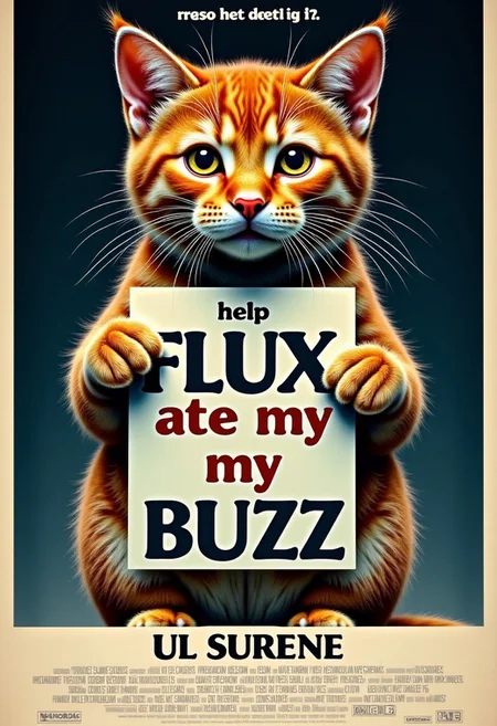 a realistic picture,((((Display the text " help flux ate my buzz??" on top a movie poster))))
Movie poster of very buff Cat holding poster,, text on a poster "FLUX ATE MY BUZZ" ))8k, ultra detailed,
BREAK, <lora:cashbaba:0.6> <lora:xl_more_art-full_v1:0.5> I background: logo:1.9 <lora:Harrlogos_v2.0:1.9>, (full body shots),u ))8k, ultra detailed,
BREAK, <lora:cashbaba:0.6> <lora:xl_more_art-full_v1:0.5> I background: logo:1.9 <lora:Harrlogos_v2.0:1.9>, (full body shots),