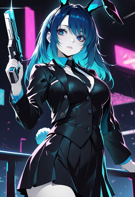 pale skin, <lora:CatGirlStyleNeon_V1-000003:1>, Smooth Quality, 
1girl, blue hair, bunny ears, bunny tail, masterpiece, 4k, medium breasts, cute, adult, neon edge, shirt with buttons, jacket, vest, black skirt, blue eyes, tie, gun in hand,