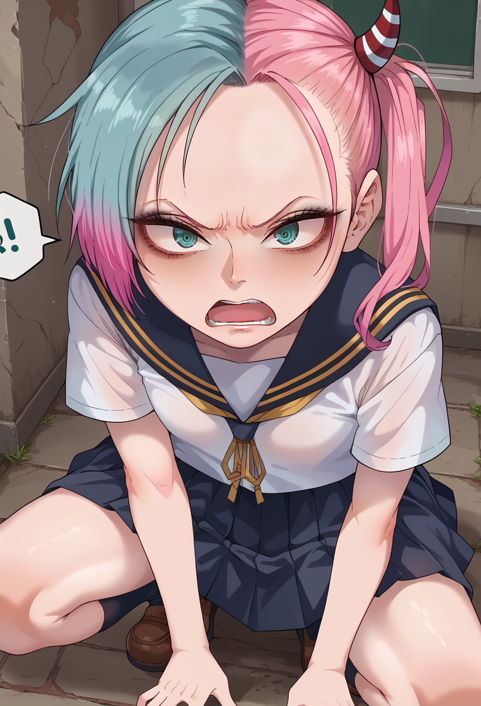 score_9, score_7_up, source_anime, BREAK   <lora:TYc_AnjuSagaraXLpony001:0.9> AnjuSagara, 1girl, gradient hair, blue hair, pink hair, Side ponytail, hair_ornament, aqua eyes,  serafuku, white shirt, black skirt, line skirt, ( annoyed, open mouth:1.3), from above, squatting, looking at viewer,  <lora:cheesoart:1>