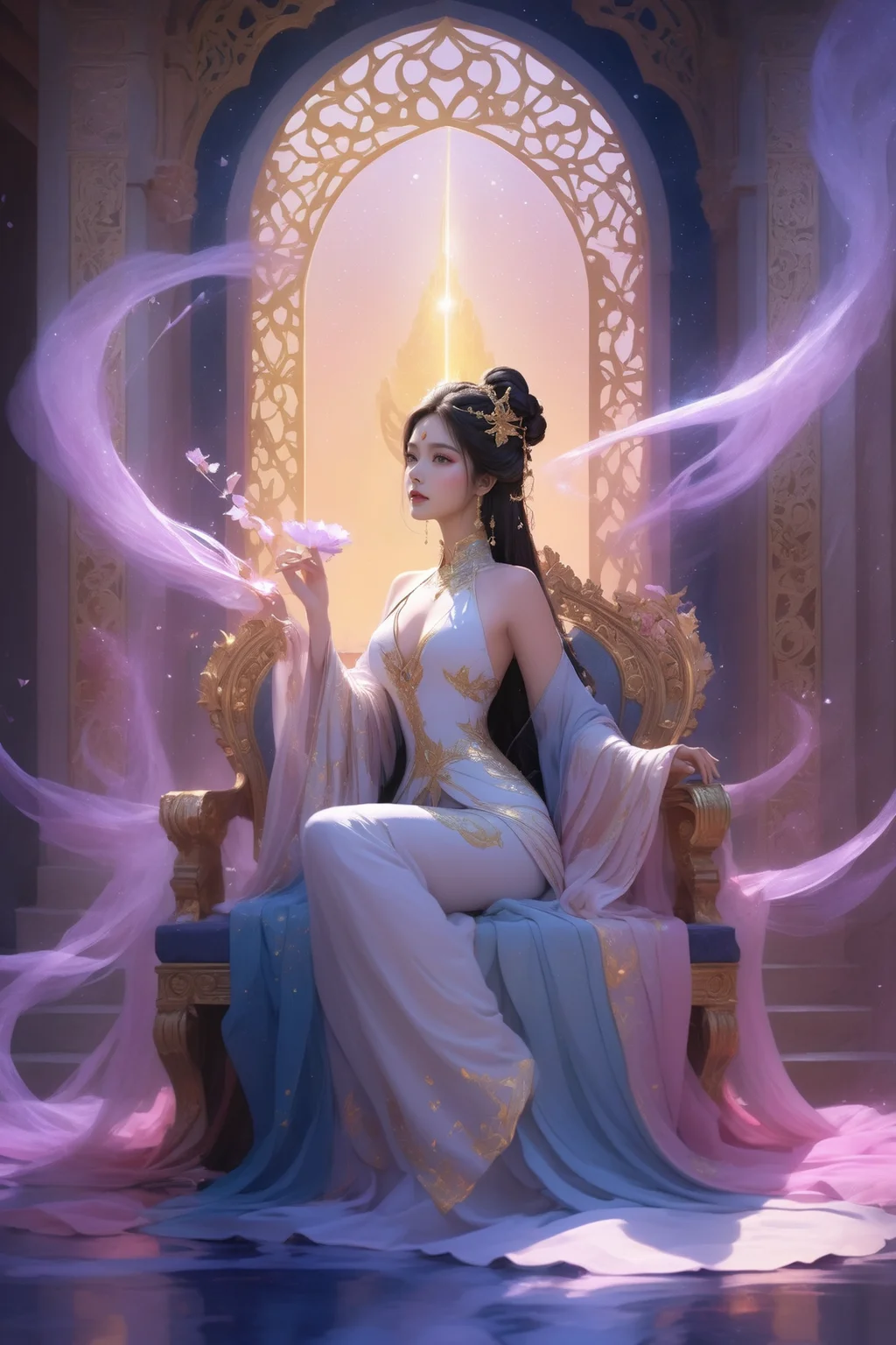 concept art ethereal fantasy concept art of In a scene of celestial grandeur, the Space Queen sits upon an opulent throne adorned with intricate cosmic motifs. Her regal presence is further accentuated by the resplendent illumination that bathes her and her throne in a captivating interplay of light and shadow. Beams of radiant light cascade around her, casting a luminous halo that amplifies her regality. The throne itself seems to merge seamlessly with the cosmic backdrop, creating a visual spectacle that showcases her command over the cosmos. This tableau is a breathtaking display of cosmic elegance, where the Space Queen reigns supreme in a harmonious symphony of radiant beauty and astral majesty. . magnificent, celestial, ethereal, painterly, epic, majestic, magical, fantasy art, cover art, dreamy . digital artwork, illustrative, painterly, matte painting, highly detailed
