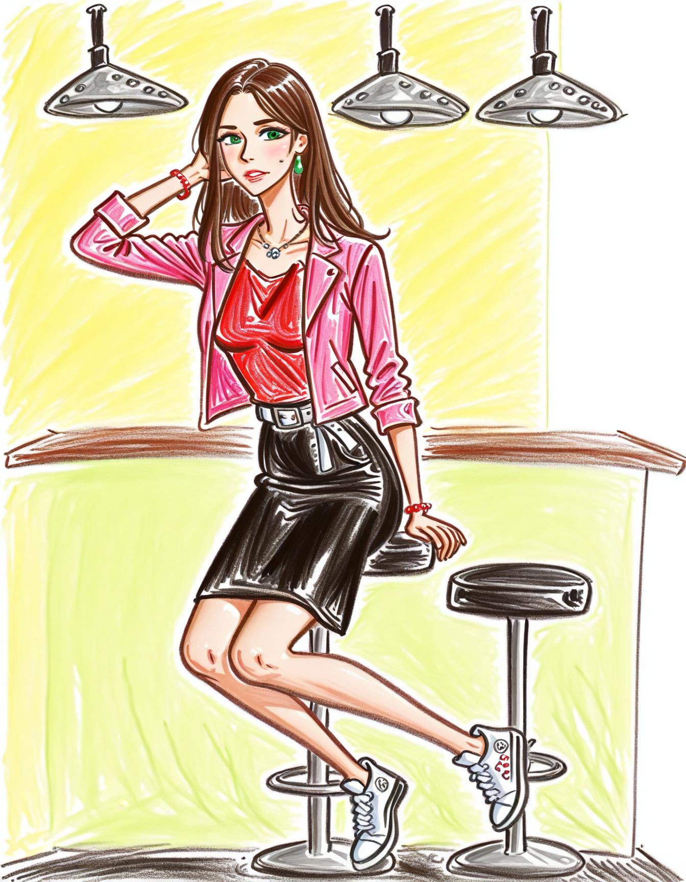 bar stool,Bar counter,chair,sitting,
1girl,<lora:azumi_hazuki:1>,mature female,(aged up:2),(brown_hair,long hair,green eyes,pink_jacket, red_shirt, black_skirt, white belt, white_footwear,white sneaker,necklace,red_bracelet),<lora:Crayon_style_Illustrious:2>,crstyle,