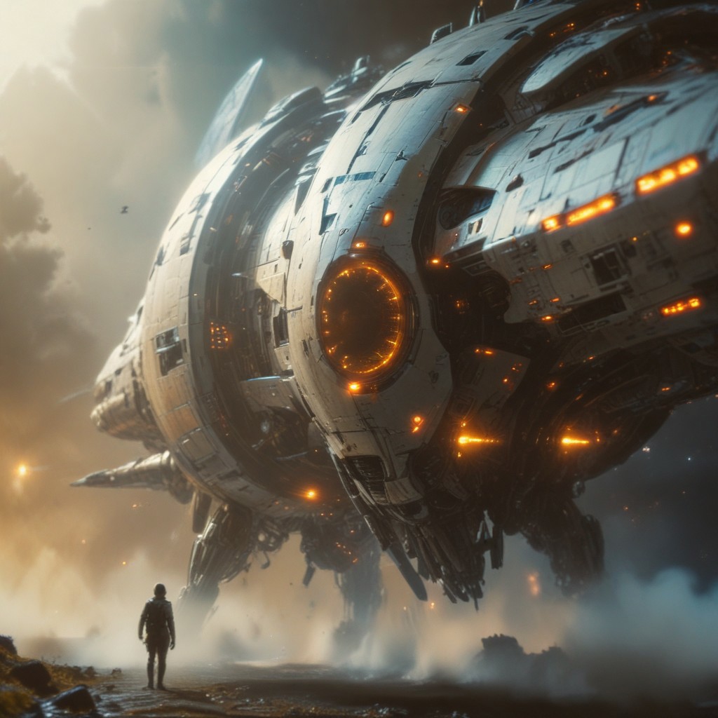 ((extreme-wide angle establishing shot, rack focus)), giving a lengthwise view of the outside hull of a ginormous+angular+futuristic spaceship, hundreds of metalloid robots cling to the outer hull's board-like flat surface, their thin limbs and segmented thoraxes give them the appearance of oversized chrome mosquitoes, set against the backdrop of deep space, detailxl, cinematic film still, professional-quality, color graded, film grain, captured on panavision millennium  XL2, high-budget production, volumetric lighting style,