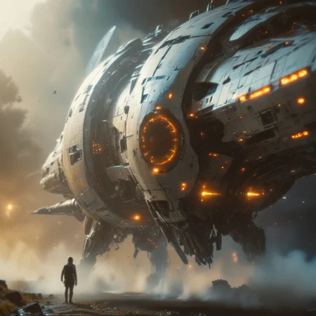 ((extreme-wide angle establishing shot, rack focus)), giving a lengthwise view of the outside hull of a ginormous+angular+futuristic spaceship, hundreds of metalloid robots cling to the outer hull's board-like flat surface, their thin limbs and segmented thoraxes give them the appearance of oversized chrome mosquitoes, set against the backdrop of deep space, detailxl, cinematic film still, professional-quality, color graded, film grain, captured on panavision millennium XL2, high-budget production, volumetric lighting style,