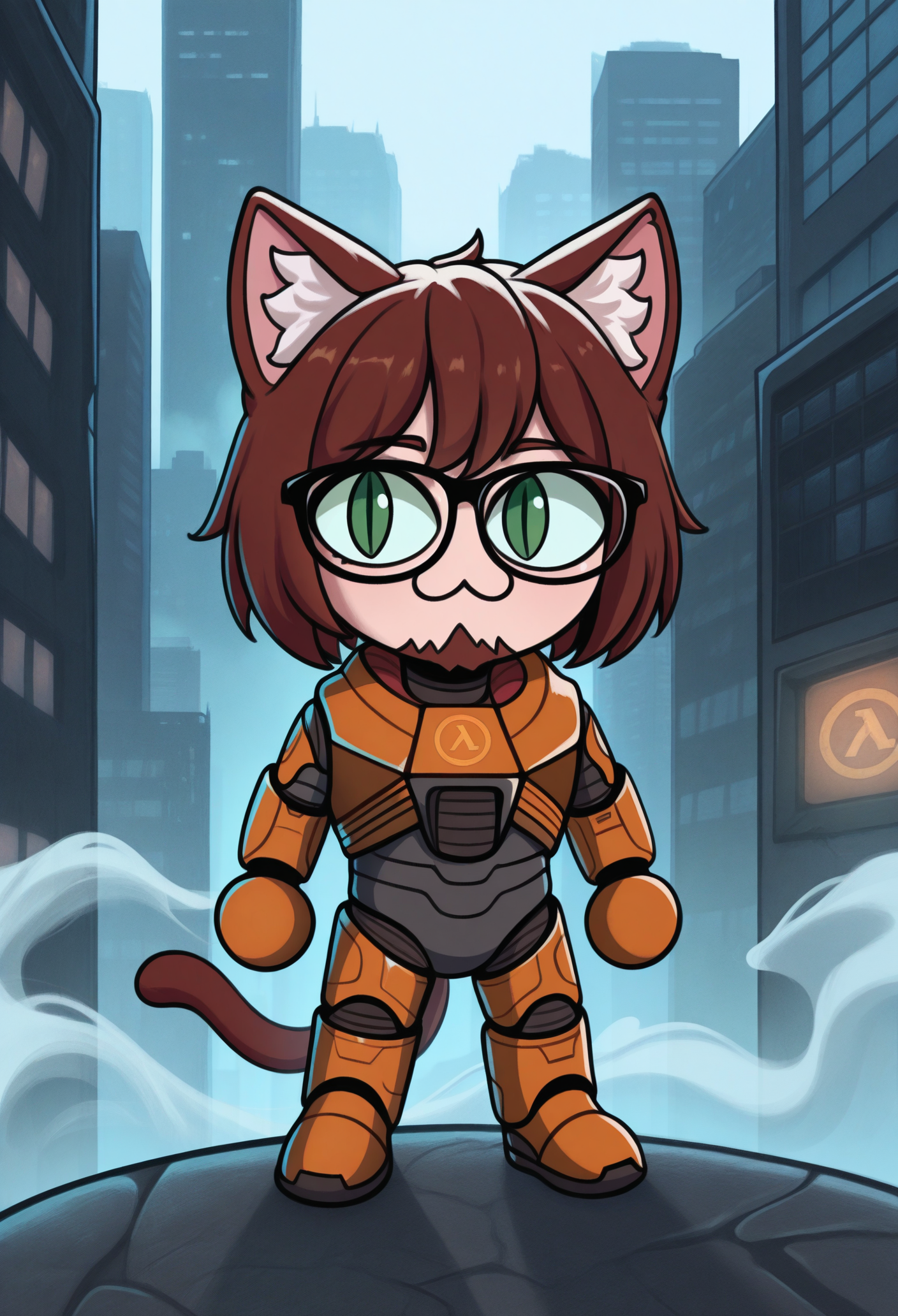 1boy, solo, fog, cityscape, 
masterpiece, best quality, <lora:necoarccon-guy90-Illust-LycorisV1:1>, noccen, animal ears, :3, chibi, cat tail, animal ear fluff, slit pupils, <lora:gordonfreeman-hl-richy-v1_ixl:1> gordonfreeman, brown hair, short hair, facial hair, glasses, green eyes, power armor