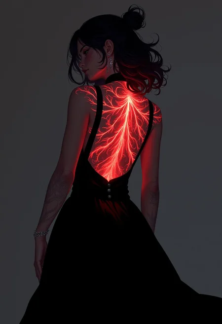 back view of dark haired witch, open back black dress with bioluminescent tattoos of bio ink glowing red, Rembrandt lighting, dynamic shot, extreme close-up shot, cyborg wear, flowing gothic skirt