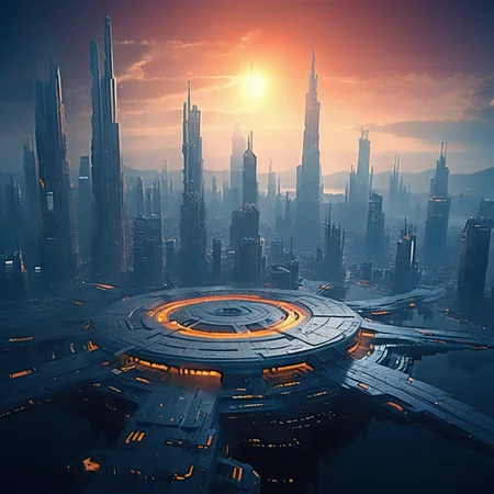 city, science fiction, cityscape, very wide shot, sun, car, sky, no humans, city lights, cloudy sky