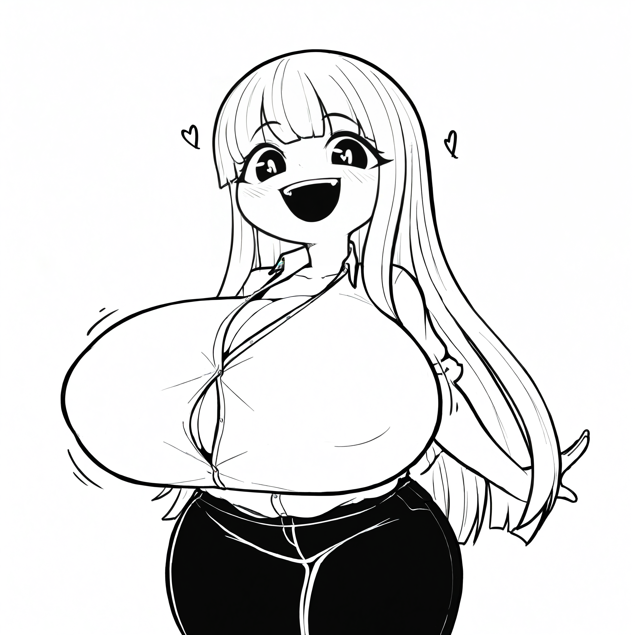 masterpiece, best quality, amazing quality, very aesthetic, absurdres, 
1girl, solo, fof, monoshrome, greyscale, dress shirt, cowboy shot, front view, three-quarter view, looking at viewer, long hair, 
large breasts, large ass, shortstack:1.1, smile, happy, open mouth, hearts, cleavage, bursting breasts, 
white background, simple background, white shirt, black pants, 
(masterpiece), (best quality), (ultra-detailed), amazing quality, very aesthetic, illustration, perfect composition, intricate details, absurdres, incredibly absurdres, 
<lora:FoF_Illu:0.8>