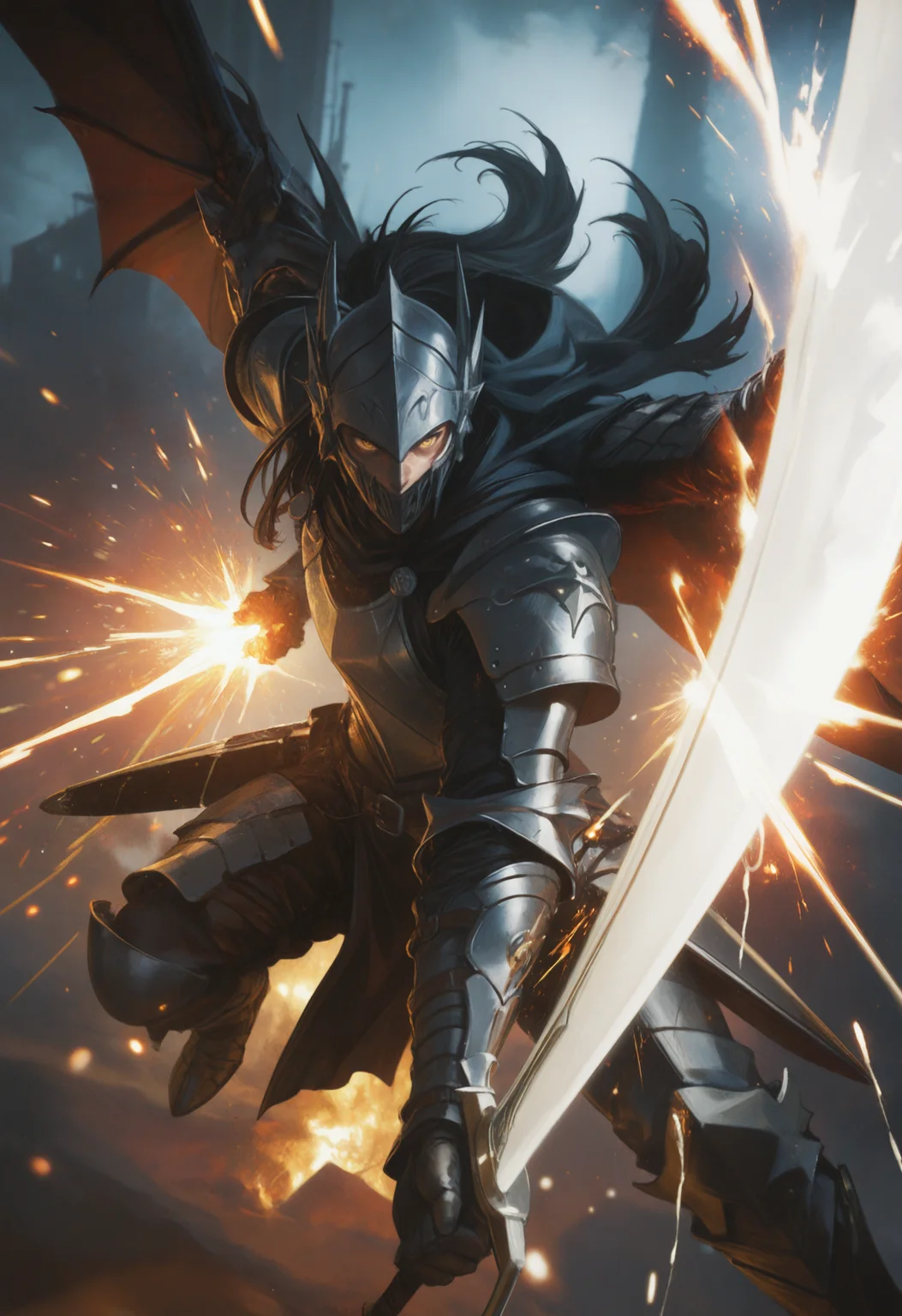 embedding:lazypos, 1boy, dragon_sword, action_pose, mid_swing, dramatic_lighting, battle_scene, sparks_flying, intense_expression, motion_blur, fantasy_armor, energy_effects, cinematic_composition, close shot