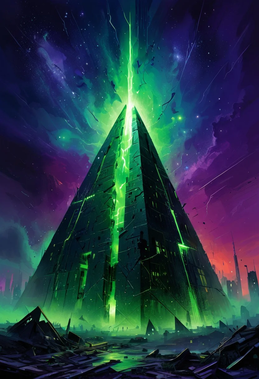Galaxy pyramid city, Necron, (pyramid), electricity, green theme, green moon, starry sky, space,
Abstract illustration, surreal fractured landscape, twilight sky with deep indigo to electric bright green gradient, towering geometric shapes resembling shattered glass and steel beams, inner light glowing within structures, dark polished surface reflecting light, ethereal swirling fog in muted purples and blues, vibrant golds and reds in the distance, bursts of light and shadow creating dynamic contrast, white beam of light piercing the sky symbolizing memory and hope, abstract expressionism and digital futurism hybrid, bold colors with intense reds, blacks, golds, and silver, light casting long stretched shadows, broad sweeping brushstroke textures enhanced with digital precision, mist swirling at the base of the scene, radiant sky evoking reflection and honor, powerful and dramatic atmosphere, emotional tribute to 9/11 without banality or figures. electricity, green glow, green theme,