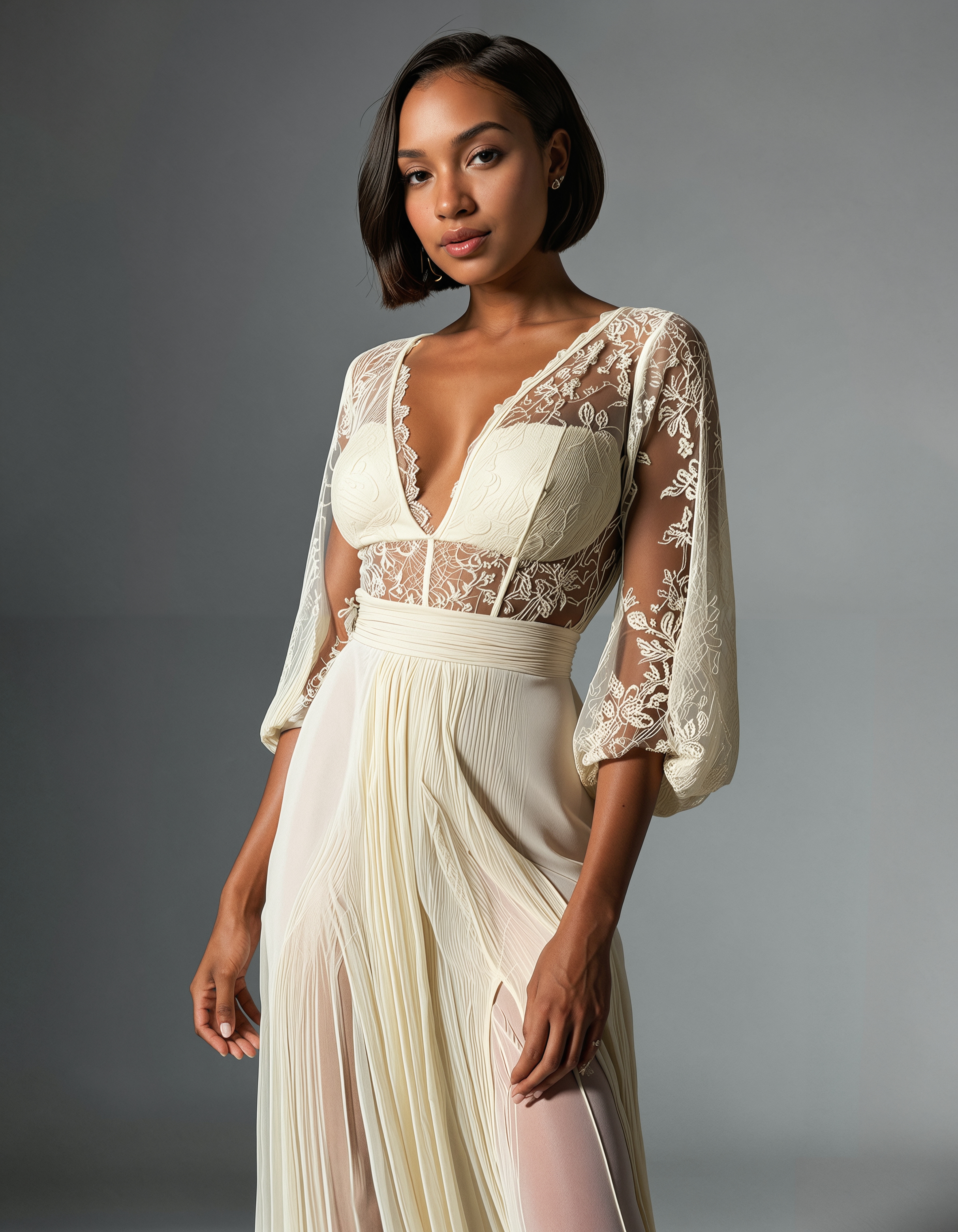 RAW full body analogue photo of a beautiful 25 years old woman, clear focus, high resolution image, African woman, clear focus, 8K, Alexa,<lora:Alexa_OC:0.6> ,Elegant deep V-neck gown, intricate lace overlay, sheer sleeves, flowing silk chiffon skirt, haute couture design. Professional fashion photography, studio lighting, soft diffused glow. Model posed gracefully, editorial style composition. Luxurious fabric draping, emphasizing neckline. High-end fashion atmosphere Fashion week runway aesthetic, magazine cover worthy., ((cute-bob-haircut:1.5)),,low light, soft natural light, Rembrandt style light, Hasselblad DLSR camera, 200mm Zeiss lens, f/2.8 ,Sexy pose, erotic pose, exhibitionism, ,Cobblestone street