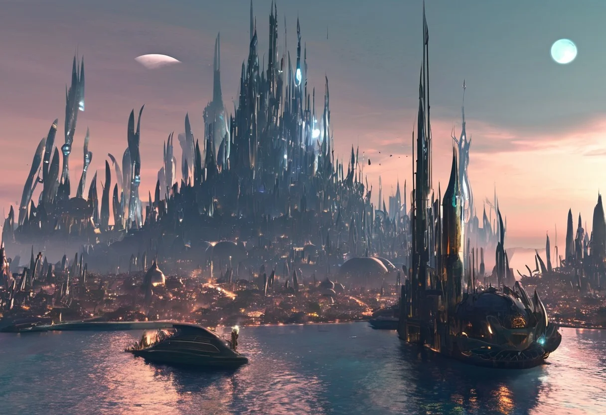 A futuristic alien city on an island in the middle of the ocean. Moonlight from two moons. Towering spires, crashing waves, merchant ships sailing, busy port bustling with activity
,<lora:aidma-Image Upgrader-v0.1:0.15>,
t1ng, traditional media, abstract, texture