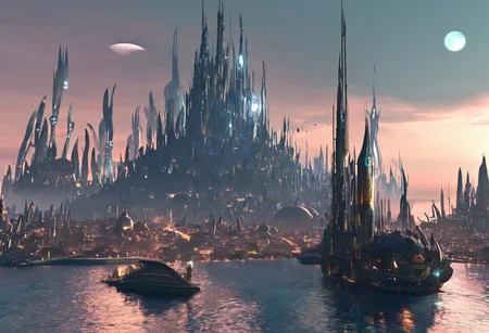 A futuristic alien city on an island in the middle of the ocean. Moonlight from two moons. Towering spires, crashing waves, merchant ships sailing, busy port bustling with activity
,<lora:aidma-Image Upgrader-v0.1:0.15>,
t1ng, traditional media, abstract, texture