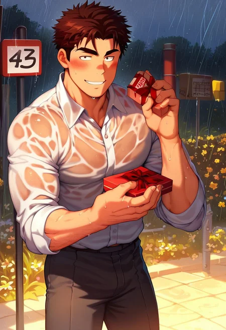 score_9, score_8, score_7_up, safe_content, ďValentine Focus), solo, 1man, cute face, masculine,muscular body, (student uniforms), at bus stop, standing, ((bring a chocolate box, bring a bouquetof flowers)) heavy rain, thunderstorm, wet clothes, wet shirt, wet pants, wet face, handsome, blushing face, smile, pov get presents, BRAKE, 
Perfect formed anatomy, perfect hands, perfect formed face, perfect eye, <lora:chabashira_Tatsukichi_manga_style:1.3>