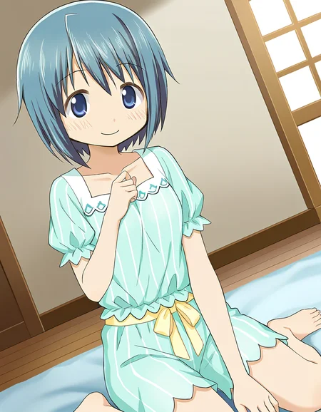 masterpiece, best quality, newest, absurdres, highres, safe, 1girl, miki sayaka \(pajamas costume\), magia record: mahou shoujo madoka magica gaiden, solo, wariza, indoors, dutch angle, <lora:miki_sayaka_noobaiXLNAIXL_vPred10Version:0.7>