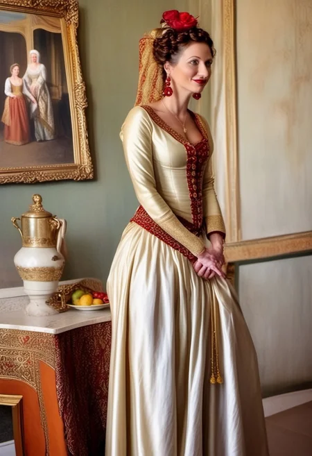 breasts shot,( life-like skin texture:1.5), realistic skin, (18th century:1.5), Europe, (victorian times), beautiful and mature, Tall, Strong, perfect face, Experienced middle-aged Empress, tradition ethnic Black royal clothes, covered hair, expensive fabric, photorealistic, realistic, extreme realism, (masterpiece, photorealistic), dappled sunlight, studio lighting, imperfections skin, probes, (photorealistic:1.6), <lora:add_detail:0.8>, medieval queen, royal banquets, female guards, include masques (a form of courtly entertainment with dancing, acting, and elaborate costumes), feasts, and balls. Gowns and Kirtles: Women wore long, flowing gowns made of luxurious silk, dressed sexy and attractive, (Empire waists:1.5), (white hair:1.5),( red lips:1.5),( subtle evil smile:1.5), white teeth
2girls,
(50 years old:1.5),
1boy,
slave boy,
milfs,
moms,
(busty:1.3),
(Horny:1.3),
orgasm face,
grannies,
married,
cheating,
Mistress,
French Queen medieval,
Empress,
(determined look:1.5),
(brave:1.5),
dominant presence,
orgasm face,
shocked,
traditional 1650 royal outfit,
Powerful women,
long legs,
exposed legs,
sexy legs,
bustle dress, 1woman, loose pants, harem_pants, see-through, silk, tight-fitting shirt, impossible shirt, large breasts, long hair, loose_scarf, head_scarf, jewelry, , giga_busty