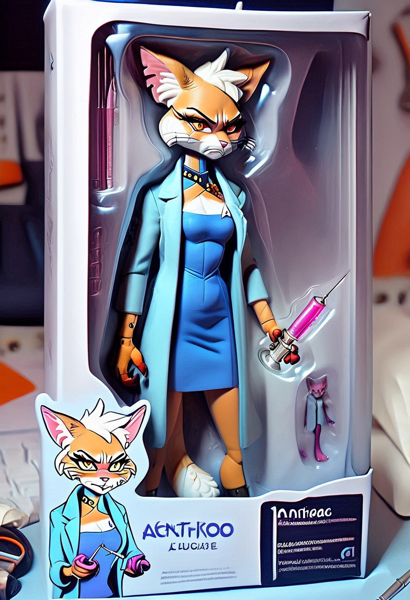 score_9, score_8_up, score_8, act10nf1gure, toy packaging, action figure, t4n4,1girl, furry, lab coat, english text, holding syringe