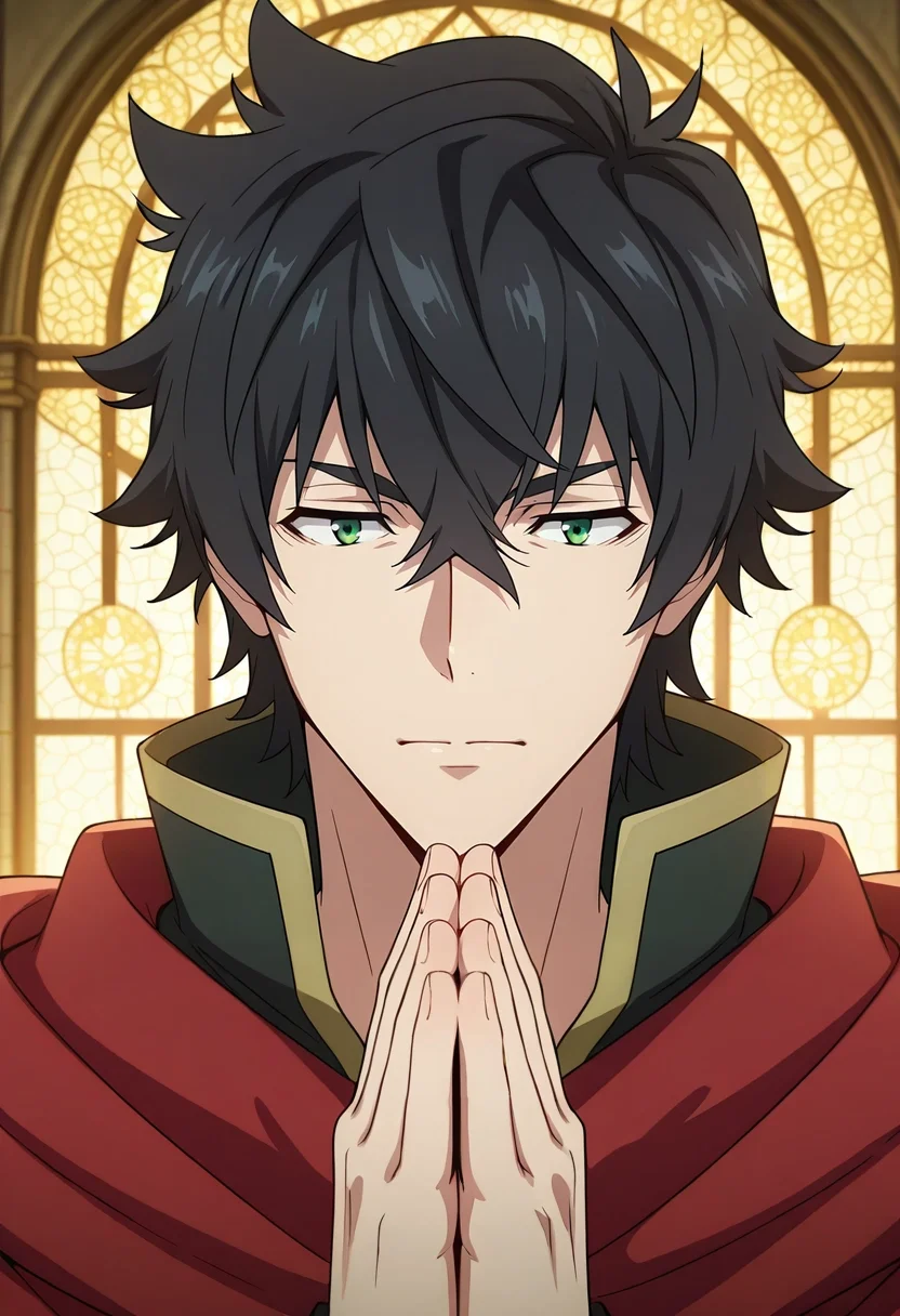 masterpiece, best quality, intricate details, anime screencap, anime coloring, official style, , 1boy, solo, male focus, <lora:naofumi_iwatani_ilxl:0.92>, naofumi_iwatani, black hair, green eyes, short hair, hair between eyes, bangs, , luminous cathedral, glowing windows, radiant halls, misty pews, praying pose, solemn expression, prismatic light,