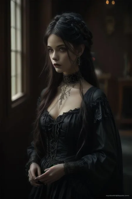 gothic style masterpiece,best quality,ultra_detailed,1girl, solo, half body, dark, mysterious, haunting, dramatic, ornate, detailed