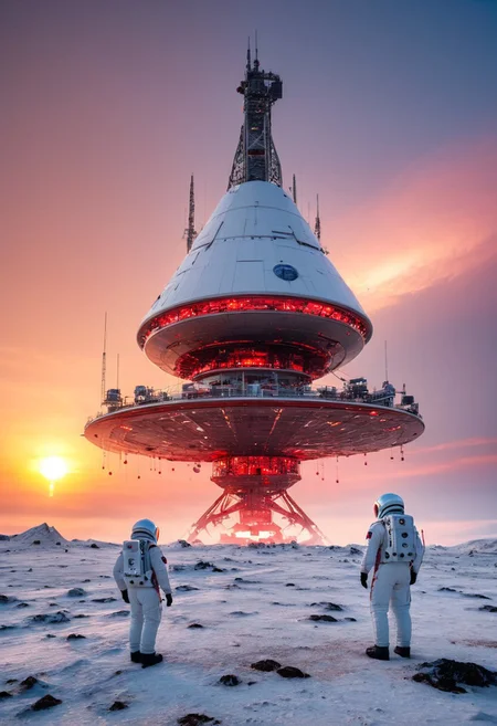 in the style of ck-sfc, a fractal-shaped Artemis Station spaceport megastructure of a Colossal scale in background, white ceramic and gleaming silver metallic surfaces glistening with condensation from the mist, red glowing diodes and lights, large depth of field, sunset, silhouetted, directional lighting, with scientists in spacesuits surrounding it masterpiece,best quality,amazing quality