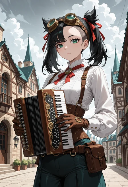 masterpiece, best quality, highres, absurdres, very awa, 1girl, solo, m4rn1edef, medium hair, black hair, asymmetrical bangs, twintails, undercut, corset, suspenders, (steampunk), goggles, googles on head, belt pouch, pouch, bag, victorian, outdoors, accordion, holding instrument, playing instrument, green eyes, eyelashes, hair ribbon, red ribbon, gloves, town, european architecture, cloudy sky, looking at viewer, closed mouth