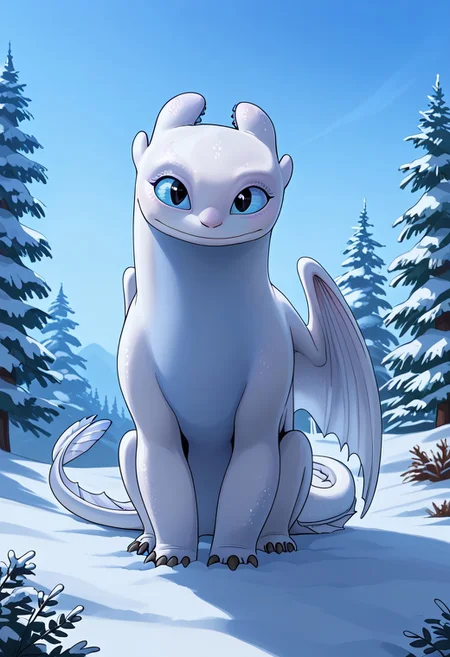 BREAK score_9, score_8_up, score_7_up, 1girl, solo, light_fury, feral, two-tone skin, white-blue skin, blue eyes, white wings, tail, (heart-shaped tail tip), smile, sitting, snow season,