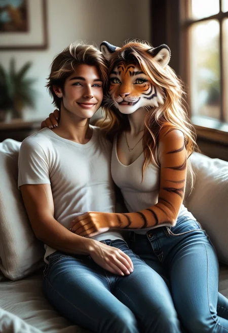 score_9, score_8_up, score_7_up, highres, couple, hetero, (1girl, 1man), furry tiger girl laughing with handsome human male, (realistic:1.8), ultra high quality, masterpiece, perfection, expressive, couple, 1furry girl, 1 human male,
BREAK
(cute anthro tiger), detailed fur, soft and realistic textures, (striped fur pattern:1.2), orange fur with black stripes, white muzzle, fluffy tail, expressive face, bright eyes, playful smile, small fangs visible, whiskers, youthful appearance,
BREAK
human, male adult, handsome, arm behind her neck, casual outfit, jeans, t-shirt, friendly demeanor, natural facial expression,
BREAK,
indoor, cozy living room, warm and relaxed atmosphere, soft ambient lighting, plush sofa, cushions, coffee table, subtle decorative elements,
BREAK,
pose focus, small tiger girl sitting next to the human, both laughing together, tiger girl holding her belly while giggling, human leaning back slightly with a wide smile, natural and carefree interaction, joyful body language,
BREAK,
high detail, realistic shading, fur detailing, natural lighting, depth of field, cinematic quality, heartwarming and playful mood, charming expressions, soft textures