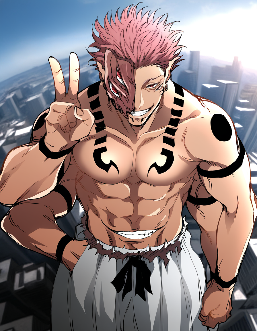 masterpiece, high quality, absurdres, 1boy, solo, male focus, BREAK extra eyes, red eyes, (extra arms, 4 arms:1), stomach mouth, short hair, spiked hair, pink hair, grin, mask, white pants, baggy pants,   facial tattoo, tattoo, ear piercing, gauged ear, muscular, BREAK  v, looking at viewer, from above, outdoors, cityscape, perspective, heian_sukuna,  <lora:HeianEraSukunaV6_NOOBAI_VPRED-000026:0.95>