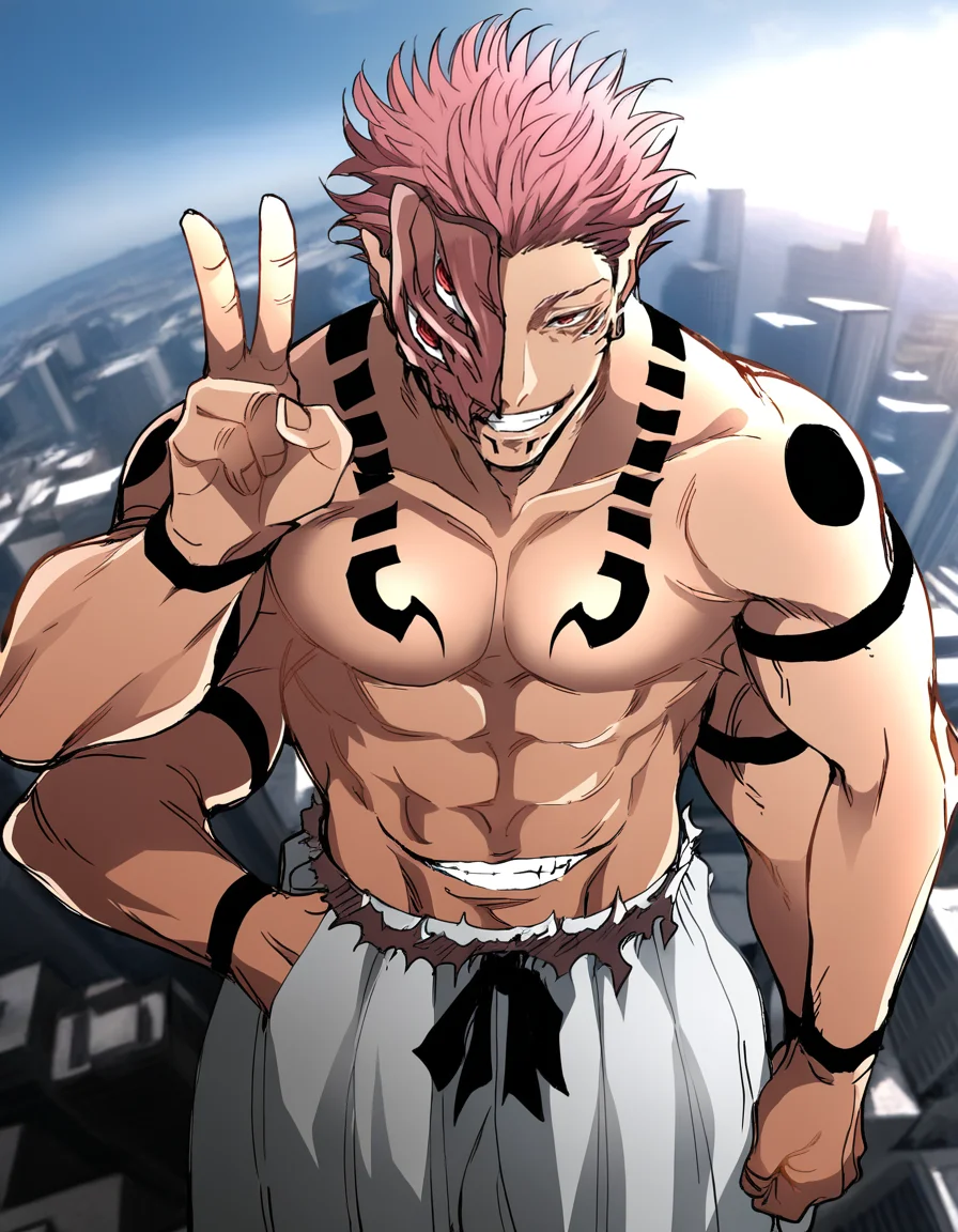 masterpiece, high quality, absurdres, 1boy, solo, male focus, BREAK extra eyes, red eyes, (extra arms, 4 arms:1), stomach mouth, short hair, spiked hair, pink hair, grin, mask, white pants, baggy pants,   facial tattoo, tattoo, ear piercing, gauged ear, muscular, BREAK  v, looking at viewer, from above, outdoors, cityscape, perspective, heian_sukuna,  <lora:HeianEraSukunaV6_NOOBAI_VPRED-000026:0.95>