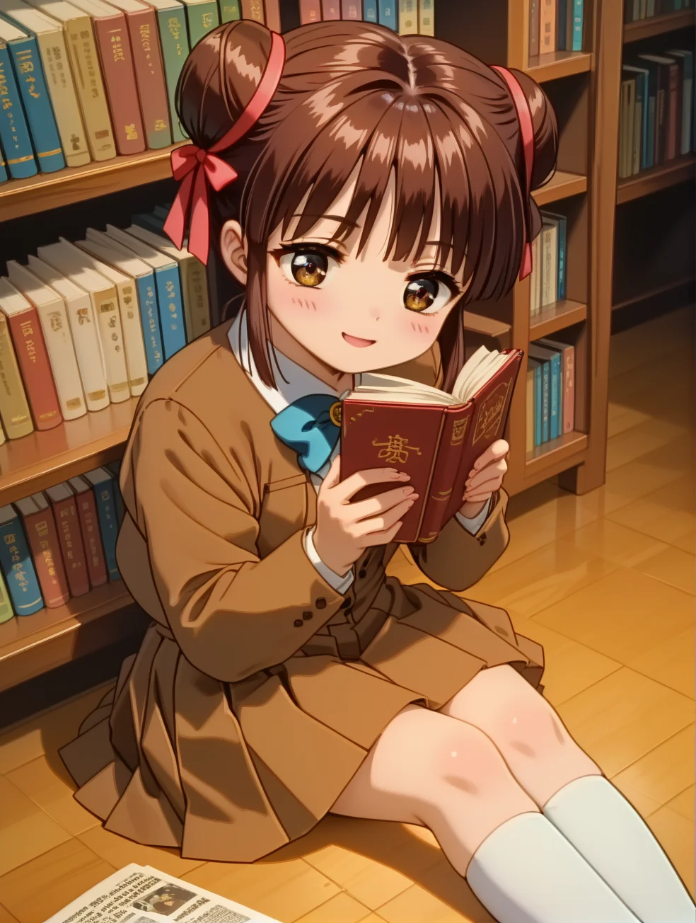 score_9,score_8_up,score_7_up,source_anime,(extremely detailed:1),rating_safe,
(masterpiece, best quality, very aesthetic, ultra detailed),intricate details,4k,beautiful background,(uncensored),nsfw,ultra-detailed,
face_detail,
skin_detail,
lustrous_skin,skindentation,
<lora:Miaka_Yuuki:1>,Miaka Yuuki,1girl,brown hair,brown eyes,
Miaka uniform outfit | double bun,hair bun,ribbon,sidelocks,school uniform,jacket,pleated skirt,white kneehighs,bow,mary janes,
cute,dynamic_angle,
<lora:cfg_scale_boost:0.3>,library,book,open_book,book_stack,bookshelf,
read,sitting,
innocent_big_eyes,
happy,
cute,