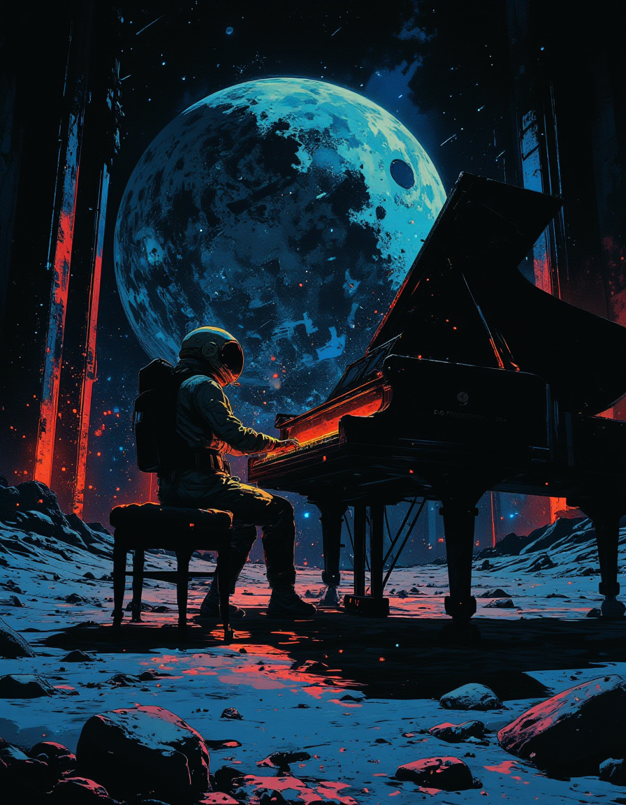 detailed digital illustration of an astronaut in a spacesuit playing a grand piano on the moon's surface. The Earth is prominently featured in the background, glowing with a blue light. The scene is set at night with a starry sky. The astronaut is seated on a piano bench, with the piano keys softly glowing. The camera angle is from the side, showing the astronaut's profile and the entire piano. The lighting is soft, with a blue tint highlighting the astronaut and the piano, highly detailed, vibrant colors, glowing effects, neon, <lora:Luminous_Shadowscape:0.8>, <lora:VividlySurreal:0.6>, <lora:NeonFantasyPrimeFLUX:0.6>
