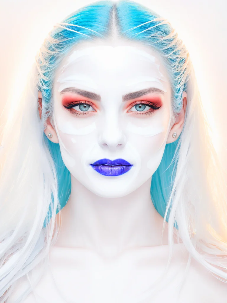 to8highkey style full shot photograph of a beautiful woman naked woman covering herself with white hair with blue lipstick on her face (isolated against a white background:1.5),graceful body structure,Curved body, woman posing, ice queen, author zima blue, ultraviolet photography, white witch, cool white color temperature, freezing blue skin, glamour shot, high key, bright, blown out, trending on artstation