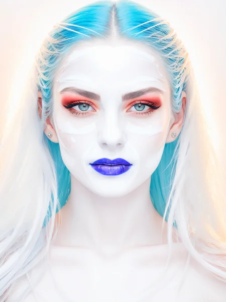 to8highkey style full shot photograph of a beautiful woman naked woman covering herself with white hair with blue lipstick on her face (isolated against a white background:1.5),graceful body structure,Curved body, woman posing, ice queen, author zima blue, ultraviolet photography, white witch, cool white color temperature, freezing blue skin, glamour shot, high key, bright, blown out, trending on artstation