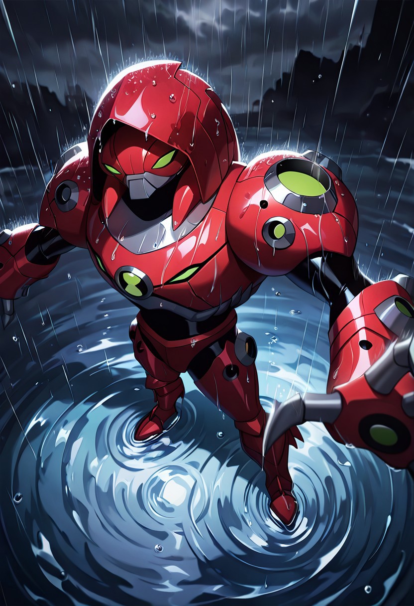 masterpiece, best quality, amazing quality, very aesthetic, absurdres, newest,, detailed background, 
waterhazard, solo, red armor, red hood up, , helmet, mecha, alien, claws, green eyes
heavy rain, dark sky, grey sky, wide spread arms, enjoying the rain, from above, puddles of water, rain puddles, water droplets on camera, camera lens blur, depth of field, foreground blur, wet lens,