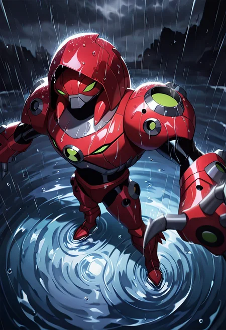 masterpiece, best quality, amazing quality, very aesthetic, absurdres, newest,, detailed background, 
waterhazard, solo, red armor, red hood up, , helmet, mecha, alien, claws, green eyes
heavy rain, dark sky, grey sky, wide spread arms, enjoying the rain, from above, puddles of water, rain puddles, water droplets on camera, camera lens blur, depth of field, foreground blur, wet lens,