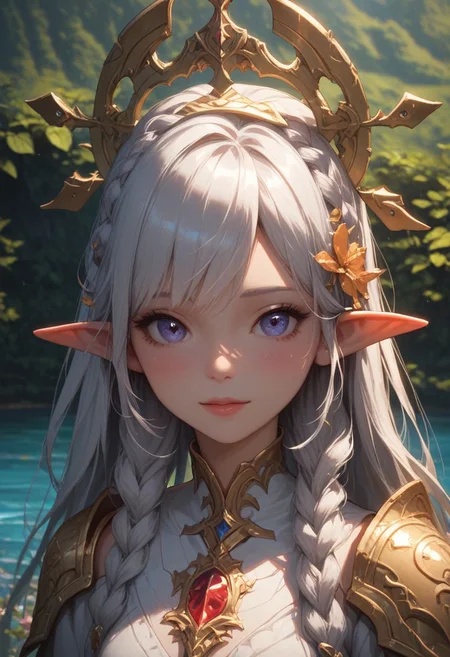 score_9_up, score_8_up, score_7_up, score_6_up, 1girl, solo, 25 years old, perfect face, cute, petite,
blush, shy smile, portrait, face focus, depth of field, looking at viewer, close up,
white hair, braids, crown braid, twin braids, hair flower, hair ornament,
elf ears,
mechanical halo, shoulder armor, white dress,
scenery, lake, fantasy architecture, DreamArt,