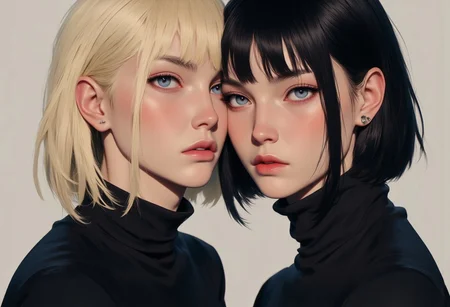 two girls with contrasting images. One has blonde hair with straight short fringes, the other has black hair and the same fringes. Both are looking towards the viewer, their faces touching each other, one face slightly lower than the other, creating an effect of tenderness and closeness. The girls have expressive blue eyes, long black lashes and glossy lips. Their dark-coloured clothes emphasise the minimalism and elegance of their style.