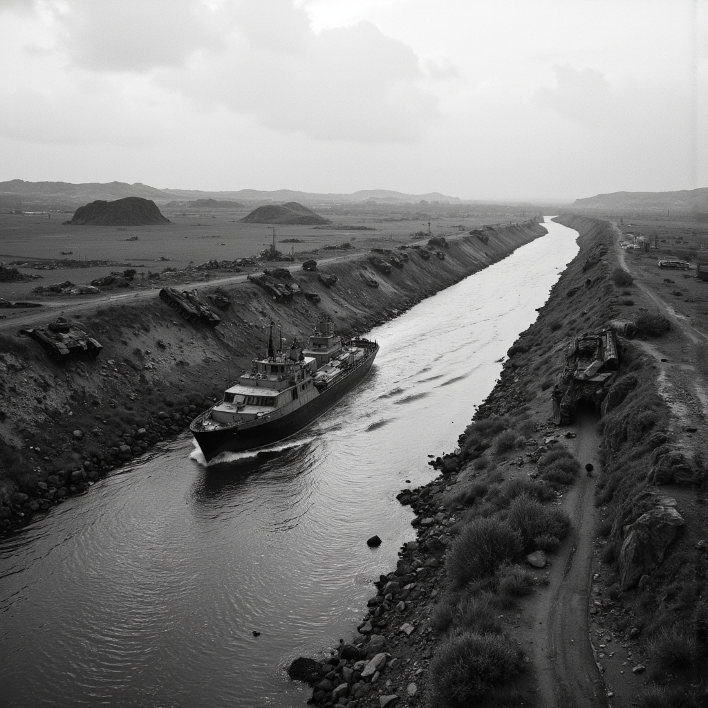 The ship sails along a narrow water channel, on the shore there are tank wrecks. The oppressive atmosphere of the past war. Documentary photography.