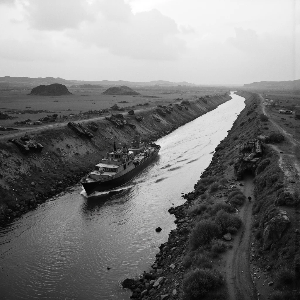 The ship sails along a narrow water channel, on the shore there are tank wrecks. The oppressive atmosphere of the past war. Documentary photography.