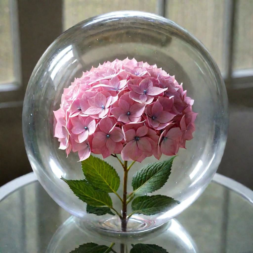 a pink hydrangea in a glass ball