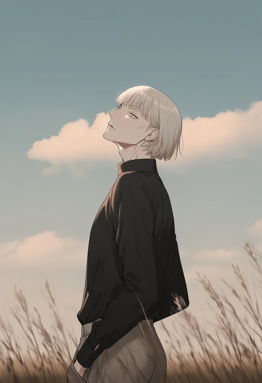 masterpiece,best quality,
uu_kabe, <lora:uu_kabe_IllustriousXL_v1.0:0.85>,
original, 1boy, male focus, mature male, solo, (bangs:1.5), short hair, animal, bird, black shirt, blue sky, bug, butterfly, clear sky, cloudy sky, cloud, day, from side, green eyes, long sleeves, outdoors, pants, parted lips, profile, shirt, sky, white hair, yellow eyes