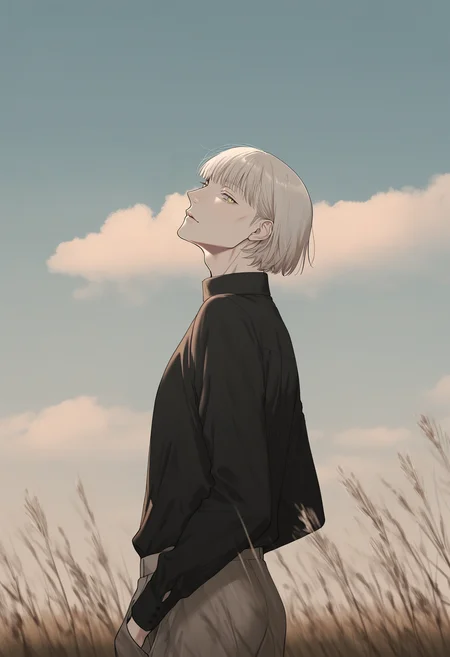 masterpiece,best quality,
uu_kabe, <lora:uu_kabe_IllustriousXL_v1.0:0.85>,
original, 1boy, male focus, mature male, solo, (bangs:1.5), short hair, animal, bird, black shirt, blue sky, bug, butterfly, clear sky, cloudy sky, cloud, day, from side, green eyes, long sleeves, outdoors, pants, parted lips, profile, shirt, sky, white hair, yellow eyes