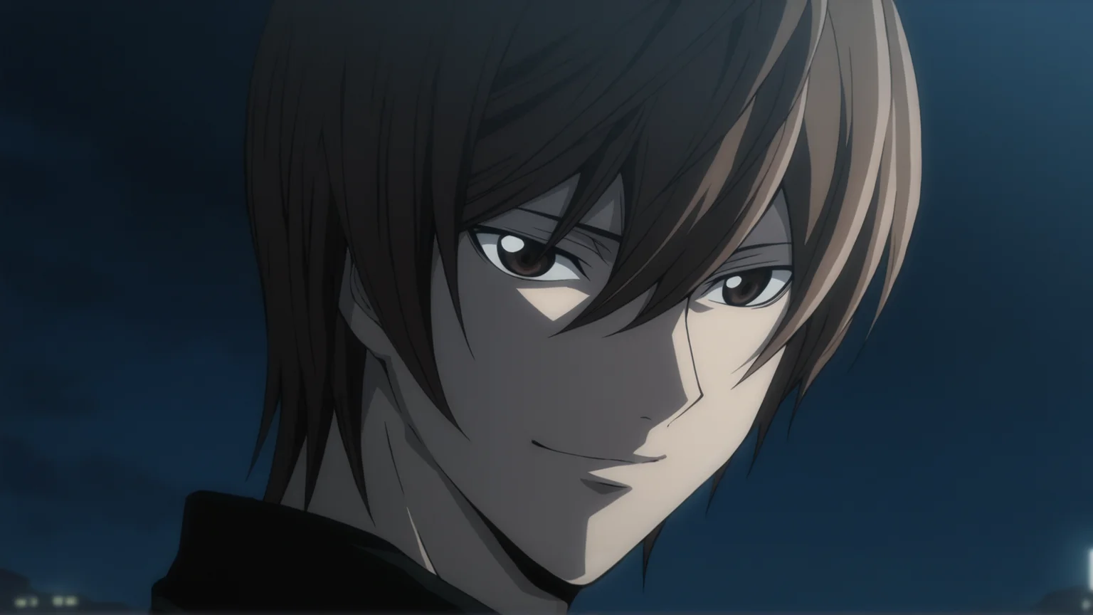 death_note_style, anime screencap, anime coloring, masterpiece, best quality,amazing quality, cinematic lighting, light yagami, 1boy, close-up portrait, brown eyes, faint smile, confident expression
