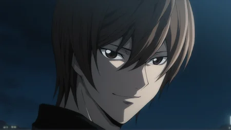 death_note_style, anime screencap, anime coloring, masterpiece, best quality,amazing quality, cinematic lighting, light yagami, 1boy, close-up portrait, brown eyes, faint smile, confident expression