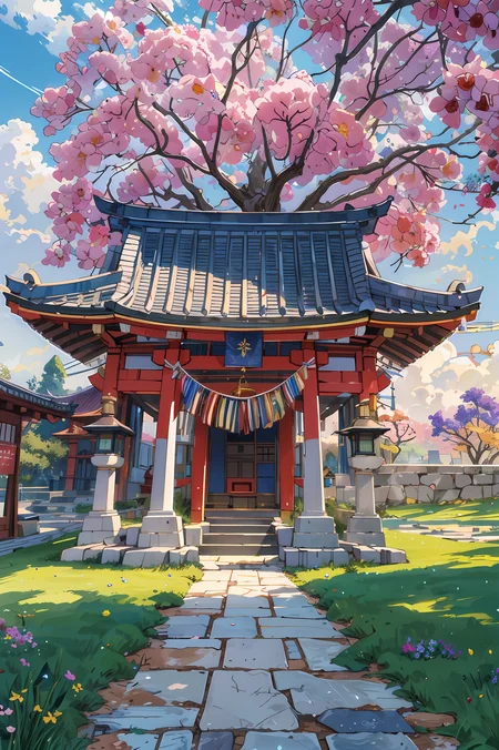 (masterpiece:1.3),(best quality:1.3),highres,vivid colors,ultra-detailed,masterpiece,extremely detailed CG unity 8k wallpaper,best quality,absolutely magical world,s,scenery,style-sylvamagic,no humans, scenery, tree, shide, outdoors, shimenawa, shrine, rope, grass, sky, stone lantern, day, east asian architecture, rock, architecture, donation box, cloud
